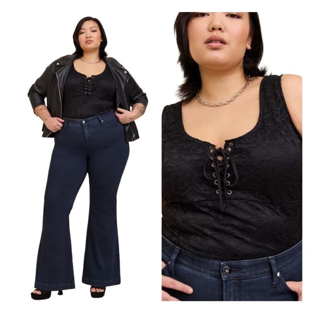 Torrid Black Lace Corset Seamed Lace Up Stretchy‎ Tank Bodysuit 1X